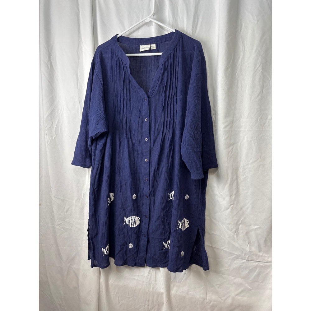 Vermont Country Store Navy Blue Crinkle Gauze Fish Print Tunic Top 1X